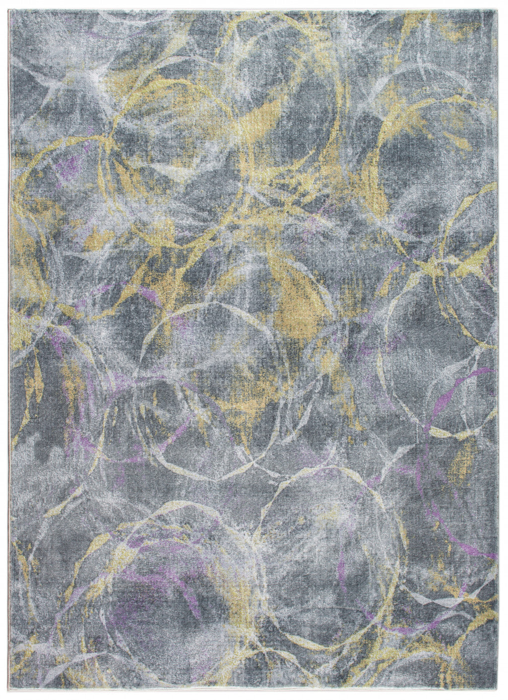 2’ x 7’ Gray Gold Abstract Rings Runner Rug