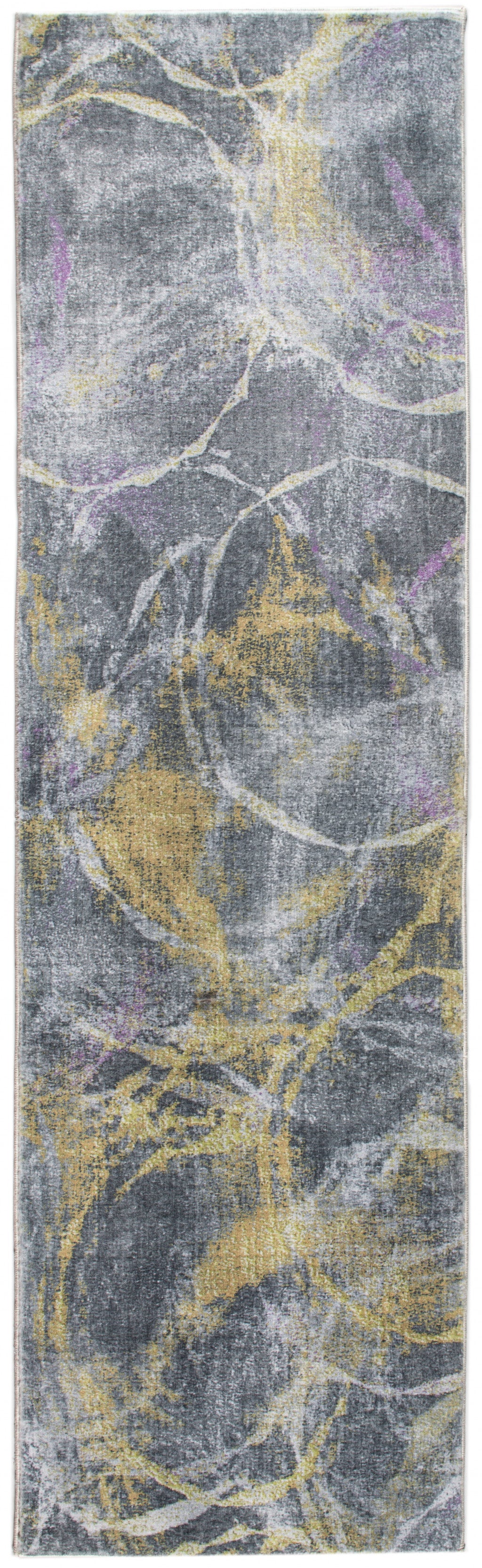 2’ x 7’ Gray Gold Abstract Rings Runner Rug