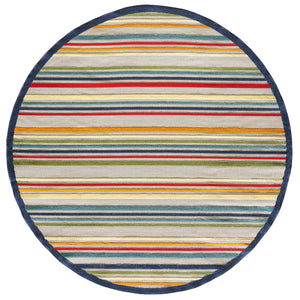 8' Round Ivory And Blue Round Striped Stain Resistant Indoor Outdoor Area Rug