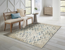 3’ x 5’ Beige Blue Distressed Chevron Area Rug