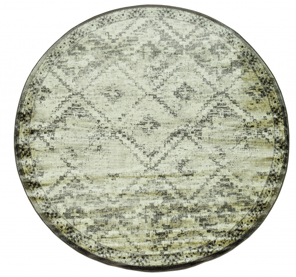 8’ Round Gray Beige Distressed Diamond Area Rug