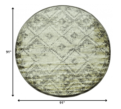 8’ Round Gray Beige Distressed Diamond Area Rug