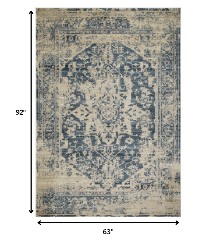 5’ x 8’ Beige Blue Distressed Medallion Area Rug