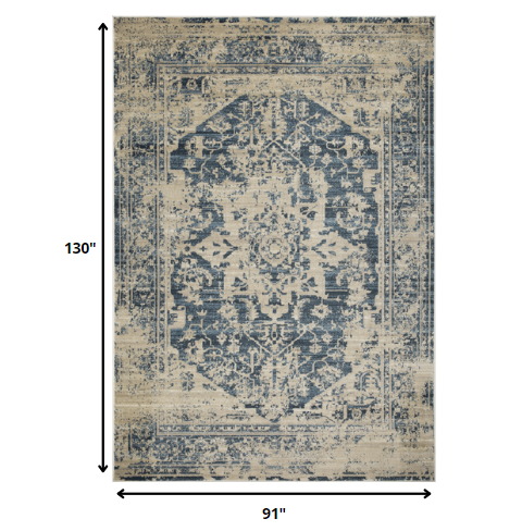 8’ x 11’ Beige Blue Distressed Medallion Area Rug