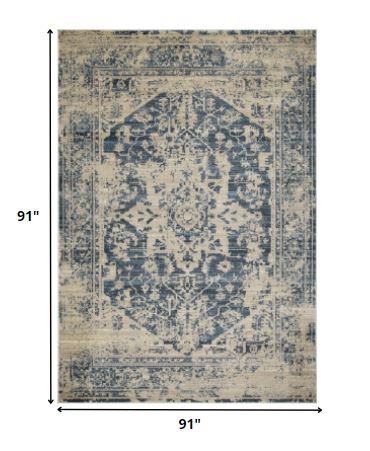 8’ Round Beige Blue Distressed Medallion Area Rug