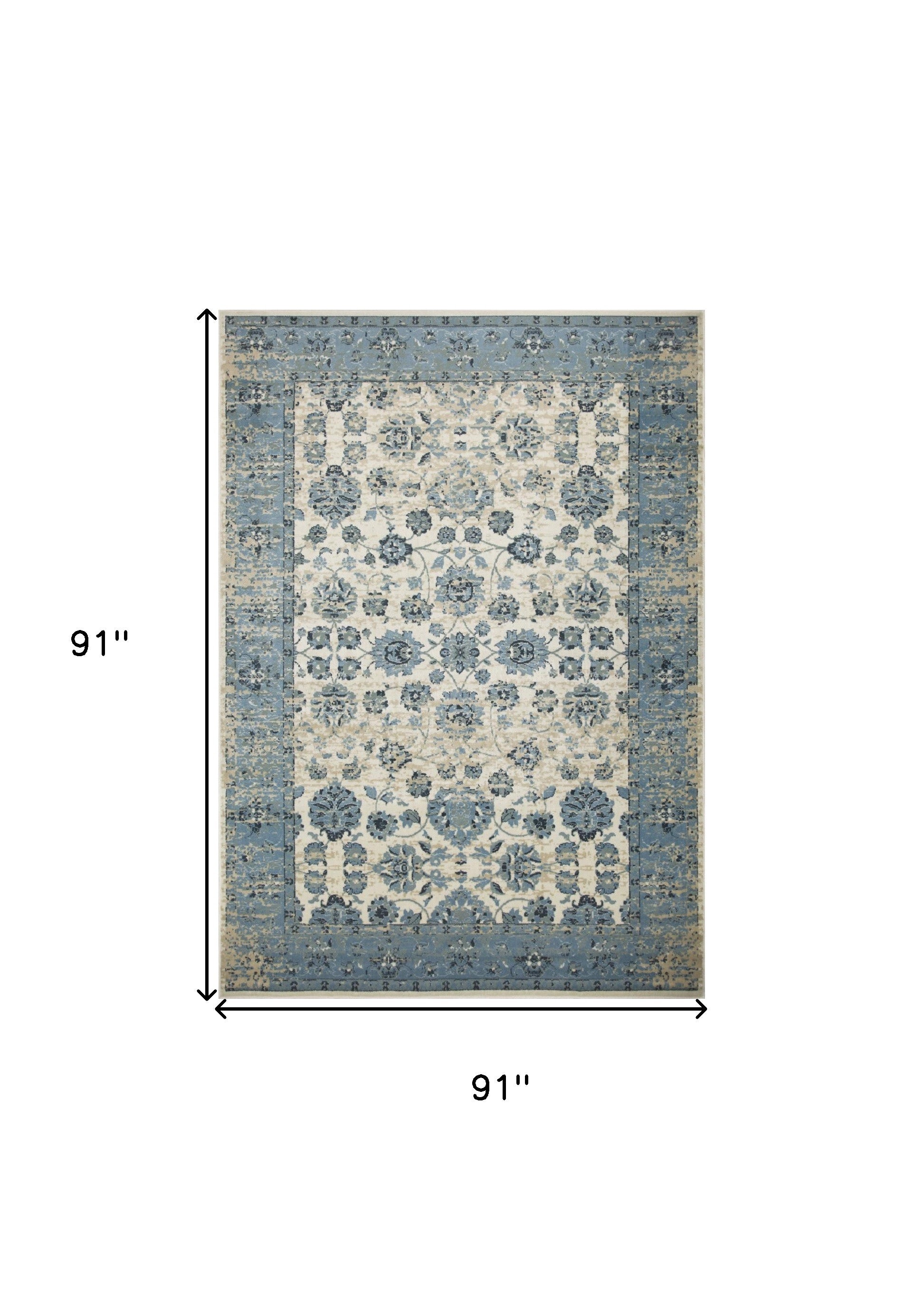 8’ Round Blue Ivory Distressed Oriental Area Rug