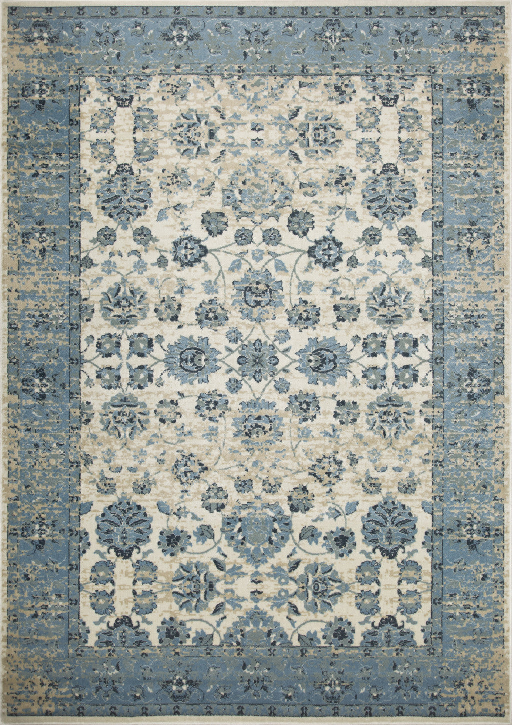 8’ Round Blue Ivory Distressed Oriental Area Rug