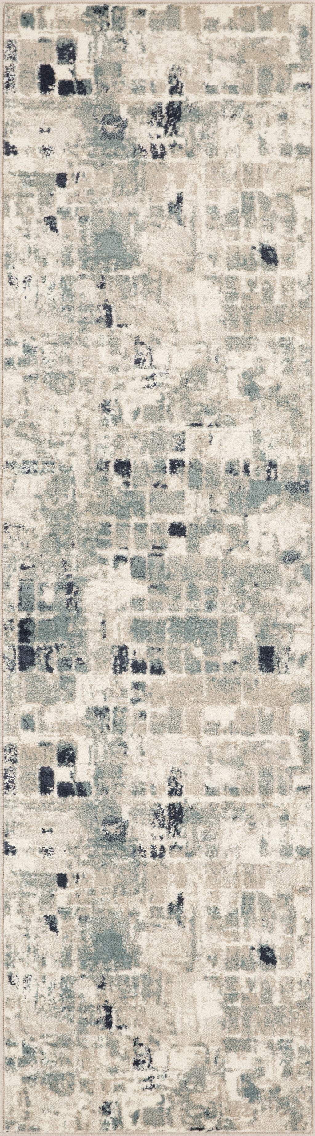 2’ x 8’ Beige Blue Abstract Tiles Distressed Runner Rug