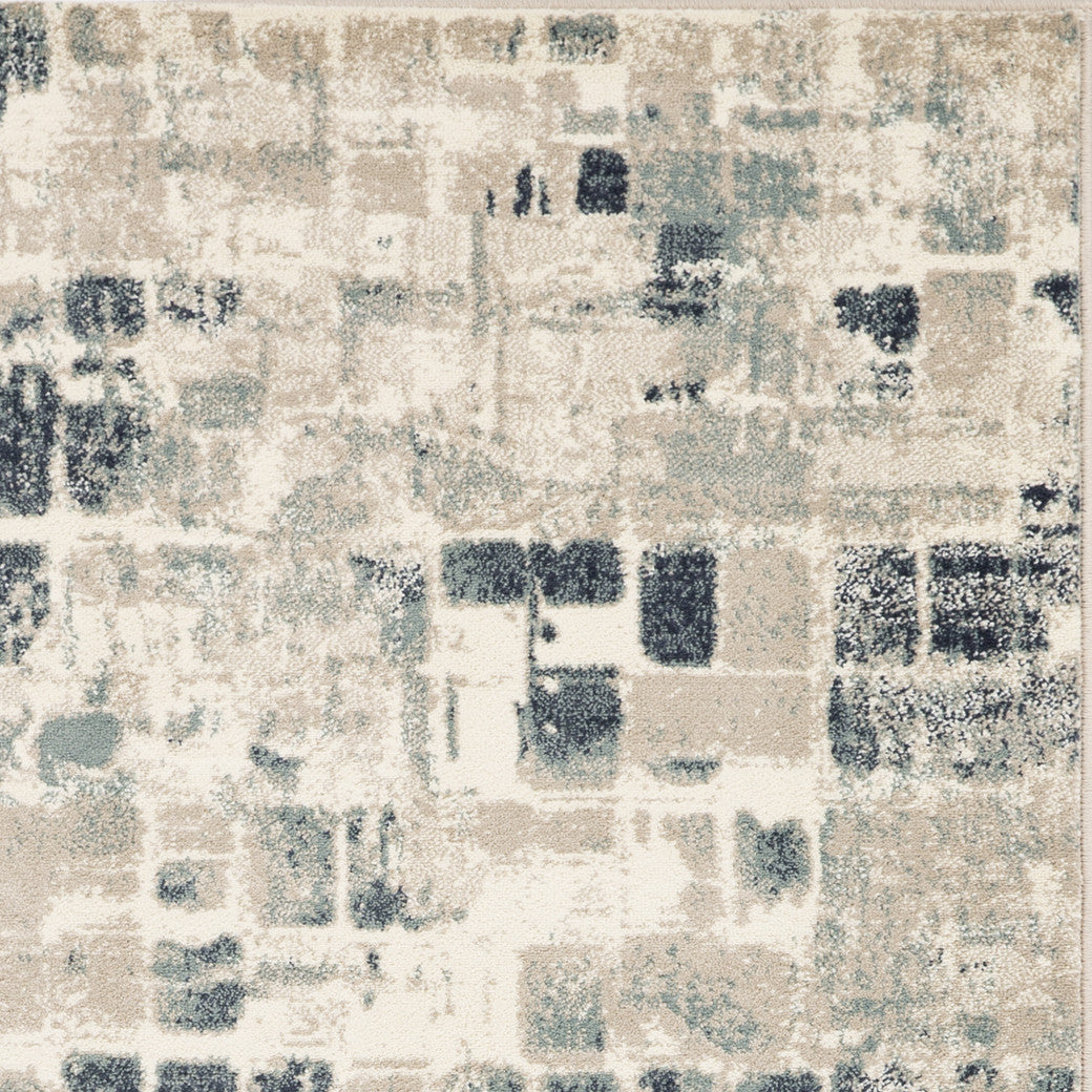 2’ x 8’ Beige Blue Abstract Tiles Distressed Runner Rug