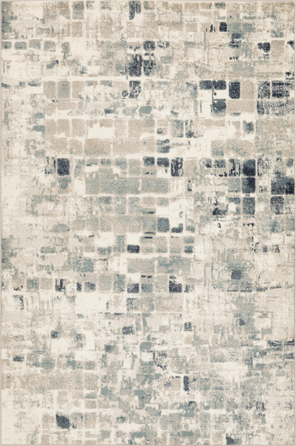3’ x 5’ Beige Blue Abstract Tiles Distressed Area Rug
