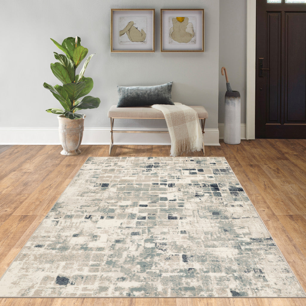 3’ x 5’ Beige Blue Abstract Tiles Distressed Area Rug