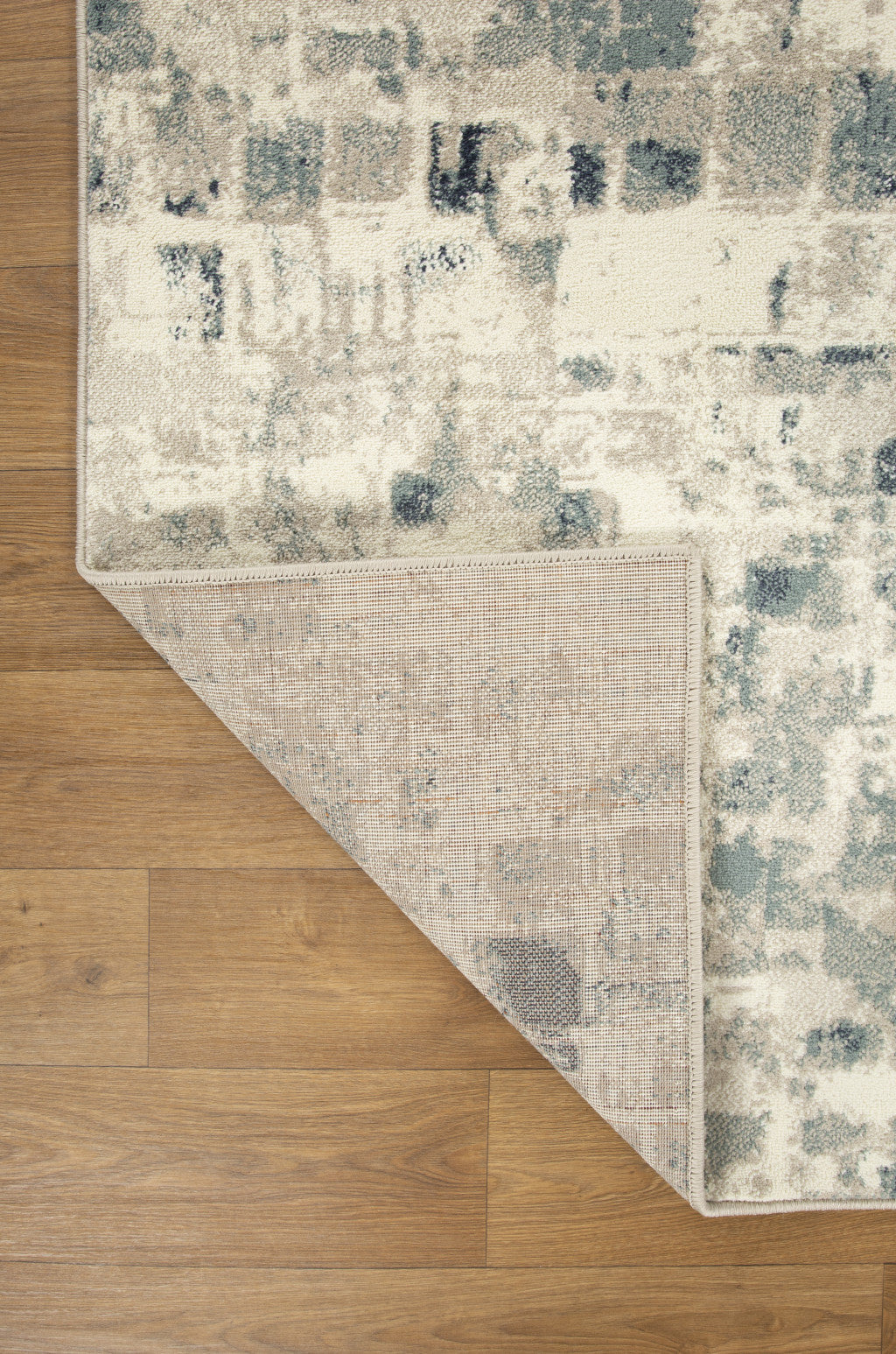5’ x 8’ Beige Blue Abstract Tiles Distressed Area Rug