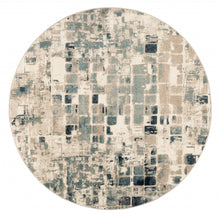 8’ Round Beige Blue Abstract Tiles Distressed Area Rug