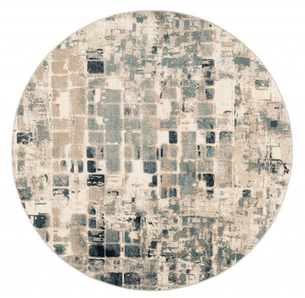 8’ Round Beige Blue Abstract Tiles Distressed Area Rug