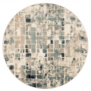 8’ Round Beige Blue Abstract Tiles Distressed Area Rug