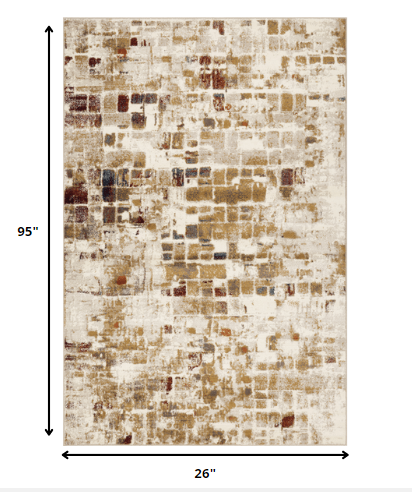 2’ x 8’ Brown Beige Abstract Tiles Distressed Runner Rug