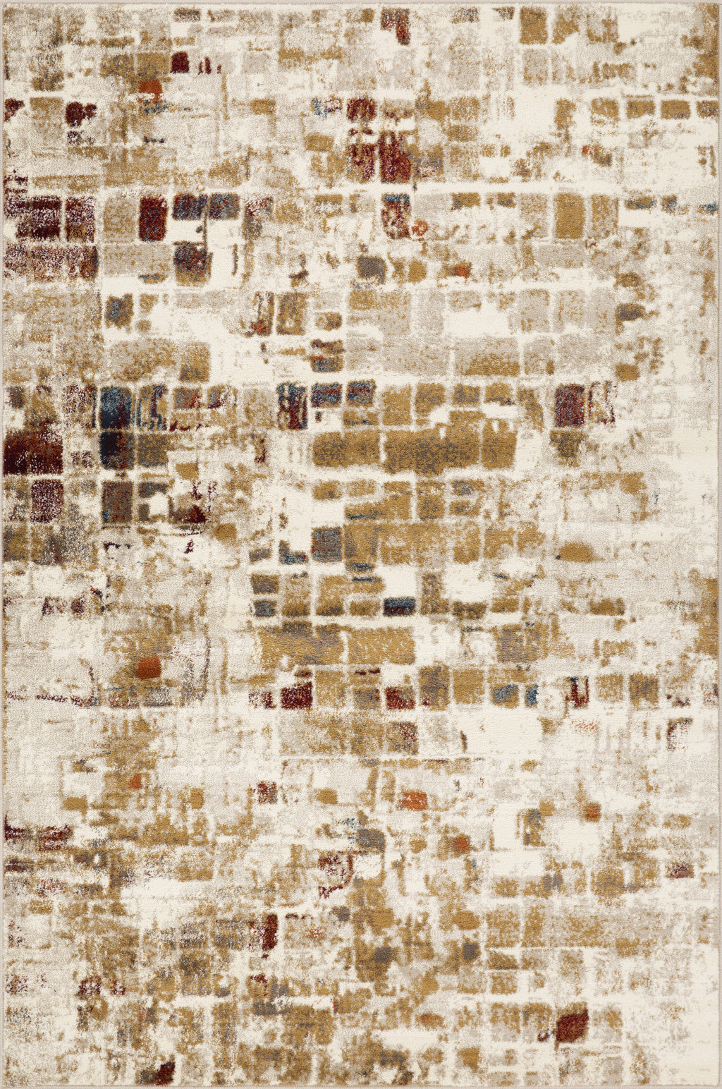 5’ x 8’ Brown Beige Abstract Tiles Distressed Area Rug