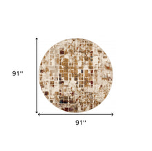 8’ Round Brown Beige Abstract Tiles Distressed Area Rug