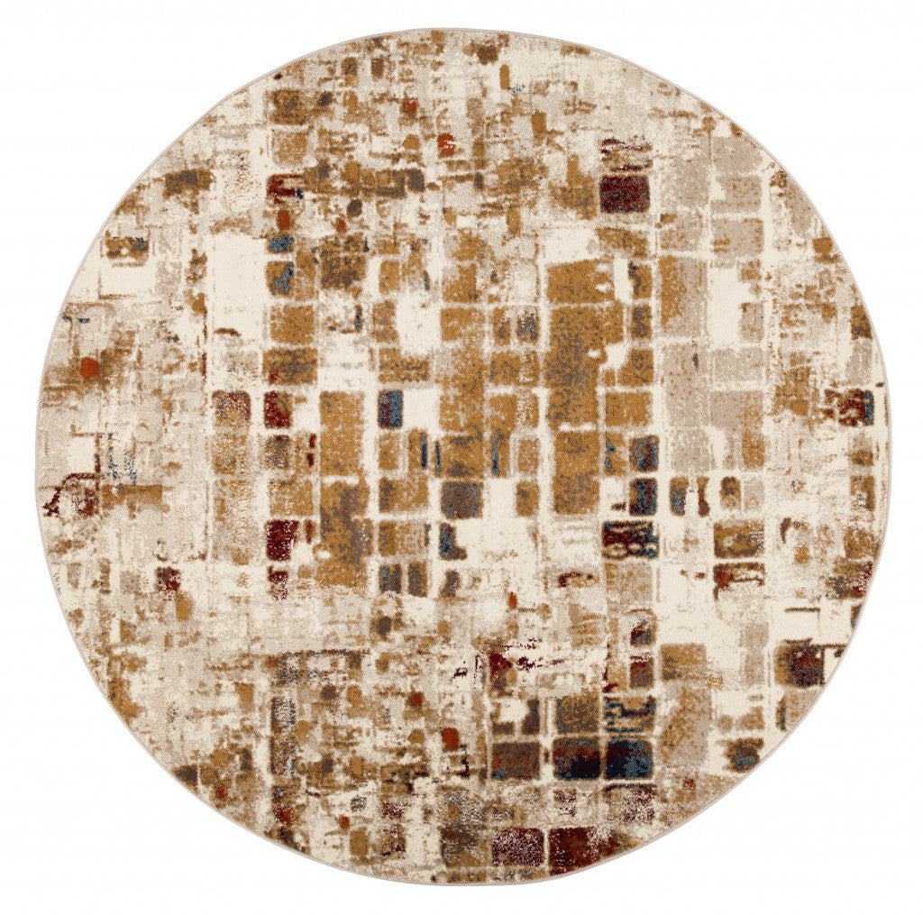 8’ Round Brown Beige Abstract Tiles Distressed Area Rug
