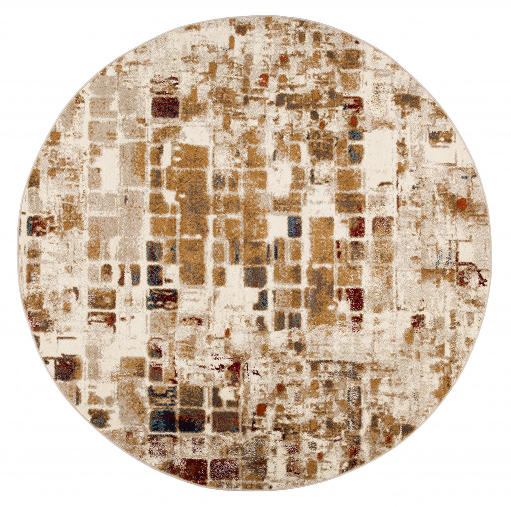 8’ Round Brown Beige Abstract Tiles Distressed Area Rug