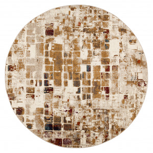 8’ Round Brown Beige Abstract Tiles Distressed Area Rug