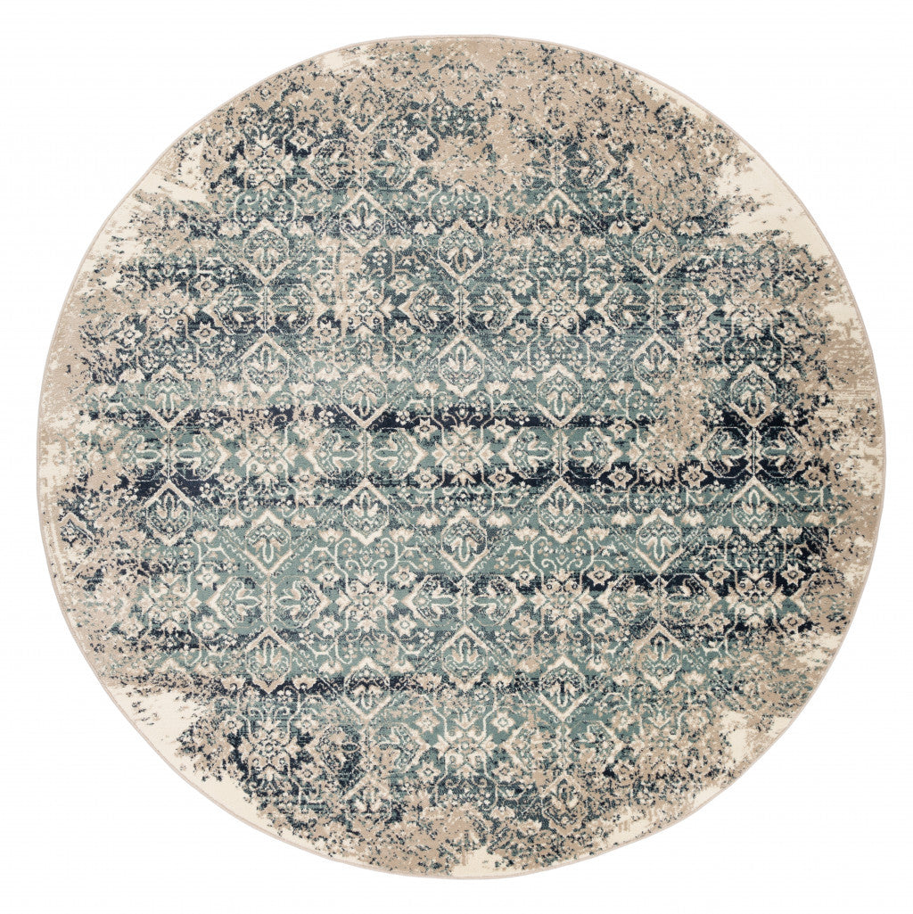 8’ Round Beige Blue Distressed Diamonds Area Rug