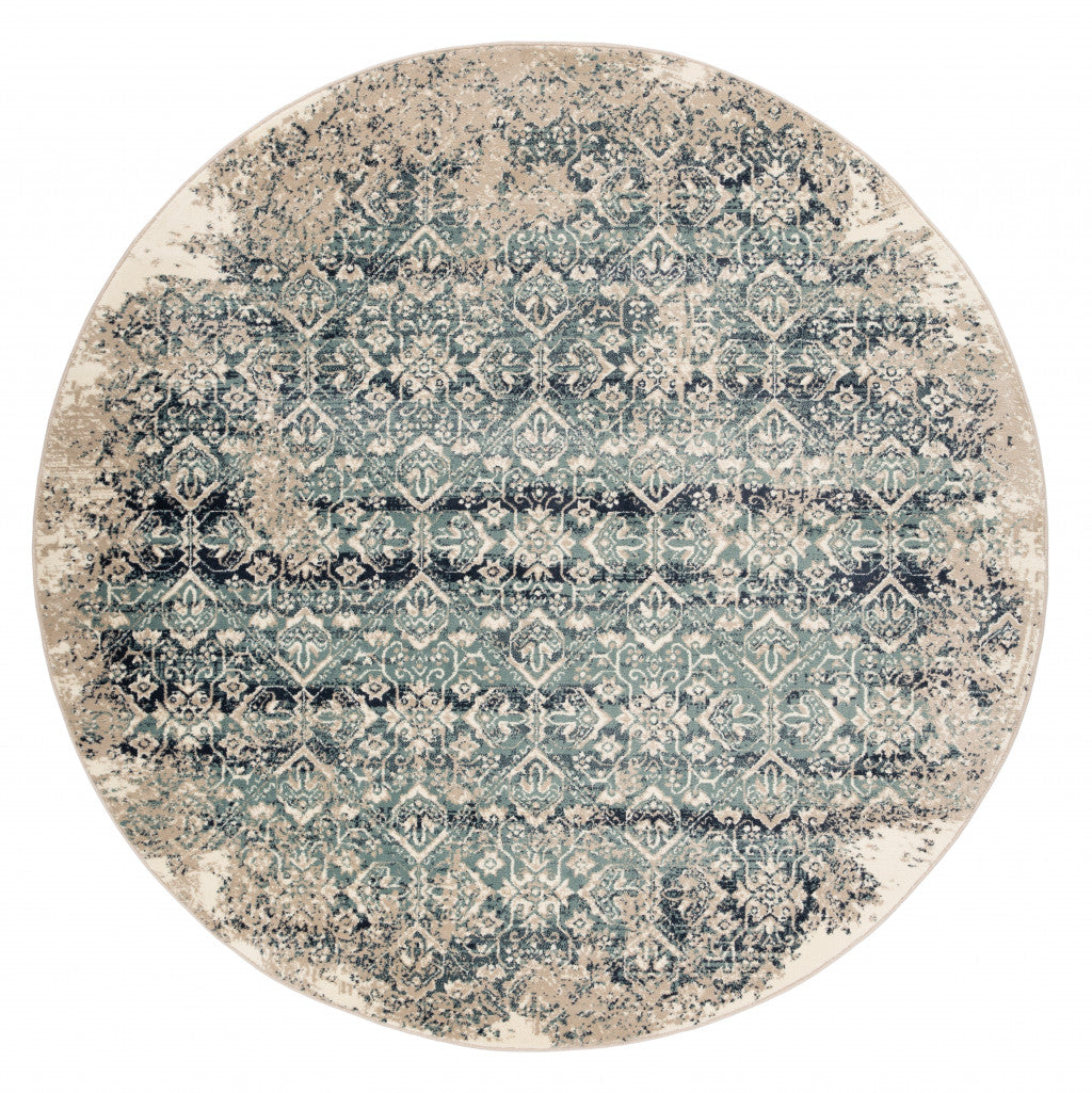 8’ Round Beige Blue Distressed Diamonds Area Rug