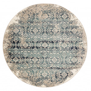 8’ Round Beige Blue Distressed Diamonds Area Rug