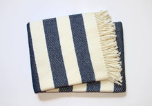 Cream and Navy Blue Slanted Stripe Fringed Throw Blanket