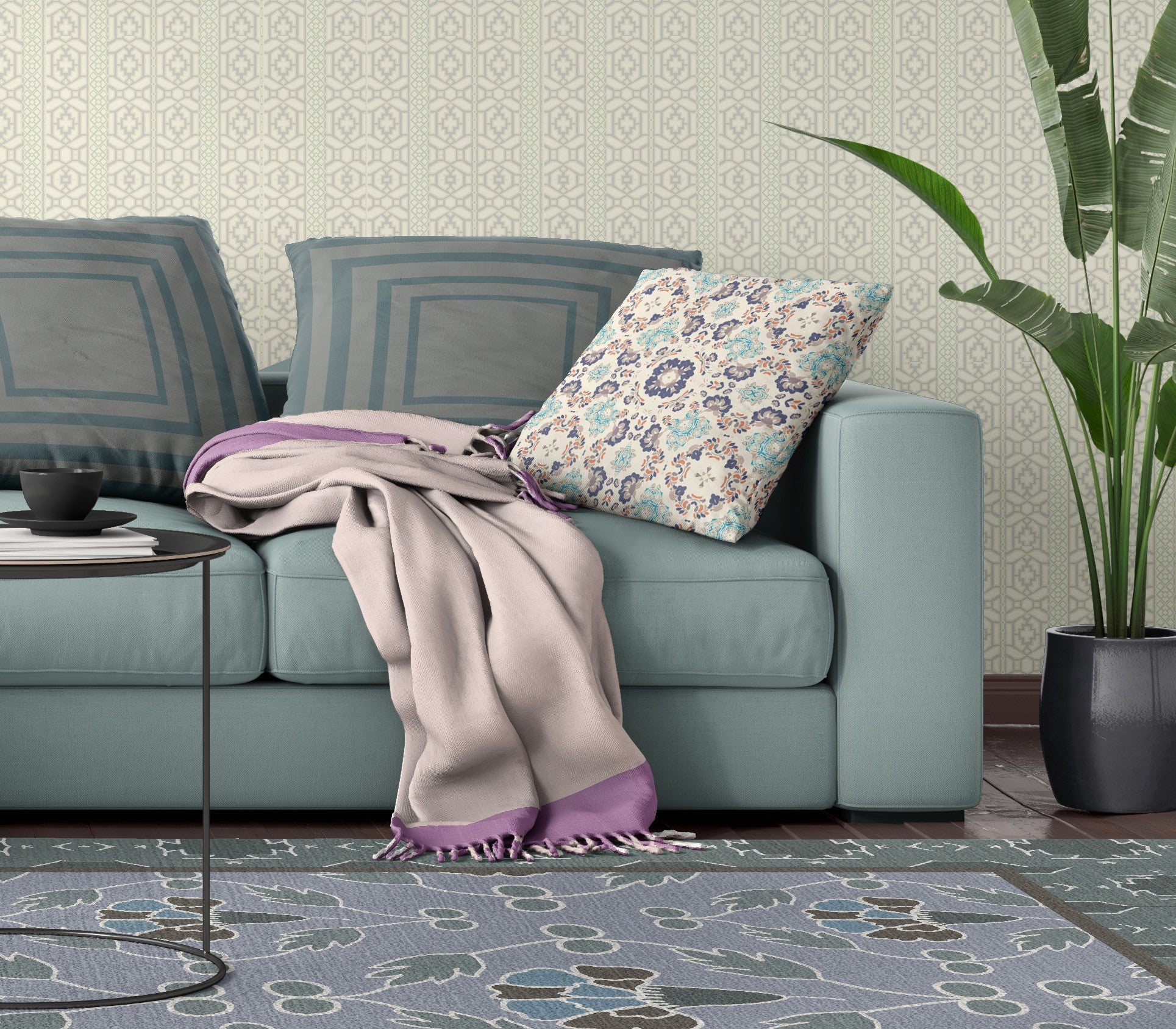 18 英寸 X 18 英寸灰白色和藍色拉鍊絨面革幾何抱枕