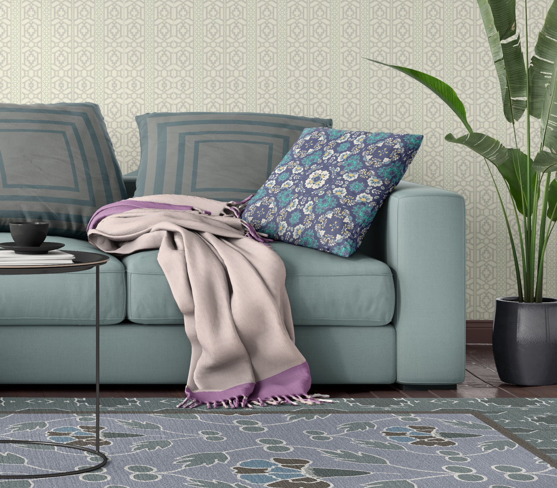 18 英寸 X 18 英寸藍色和白色吹縫絨面革幾何抱枕