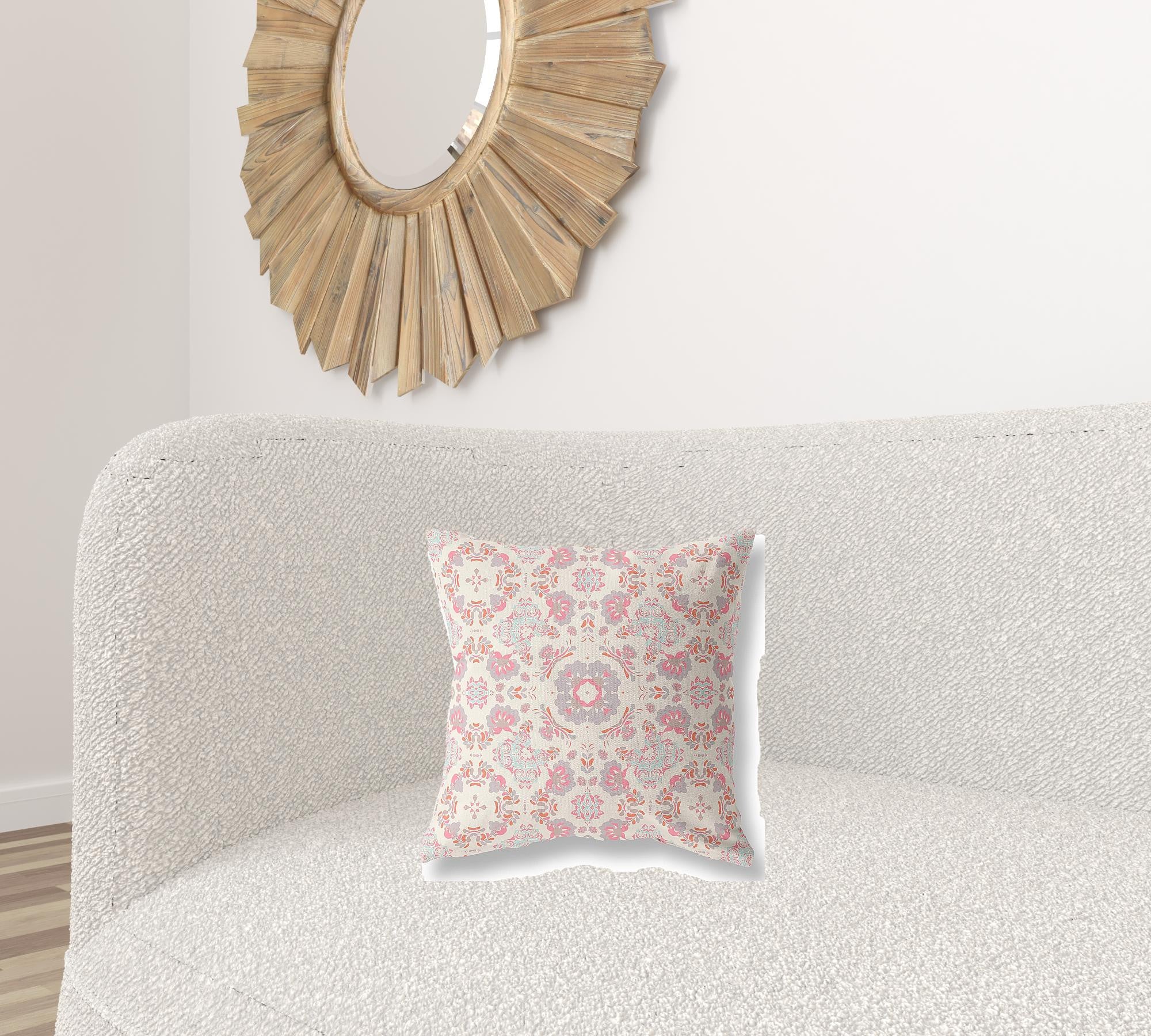 16" X 16" Pink And White Floral Blown Seam Suede Throw Pillow