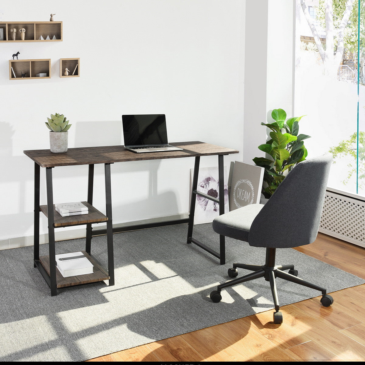 Modern Home Office Computer Table With Storage Shelves Vintage Brown