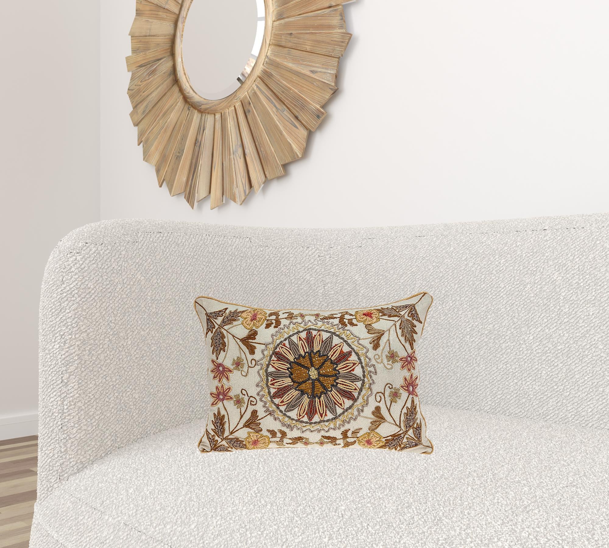 14" X 20" Beige Zippered 100% Cotton Throw Pillow With Embroidery