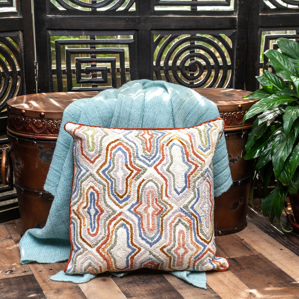 18" X 18" Beige And Brown Zippered 100% Cotton Throw Pillow With Embroidery