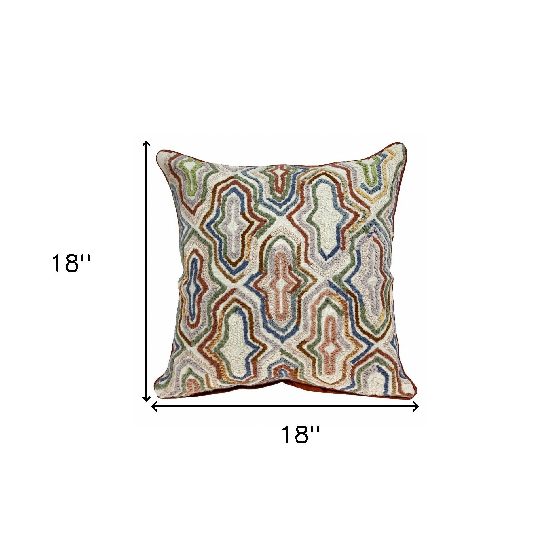 18" X 18" Beige And Brown Zippered 100% Cotton Throw Pillow With Embroidery