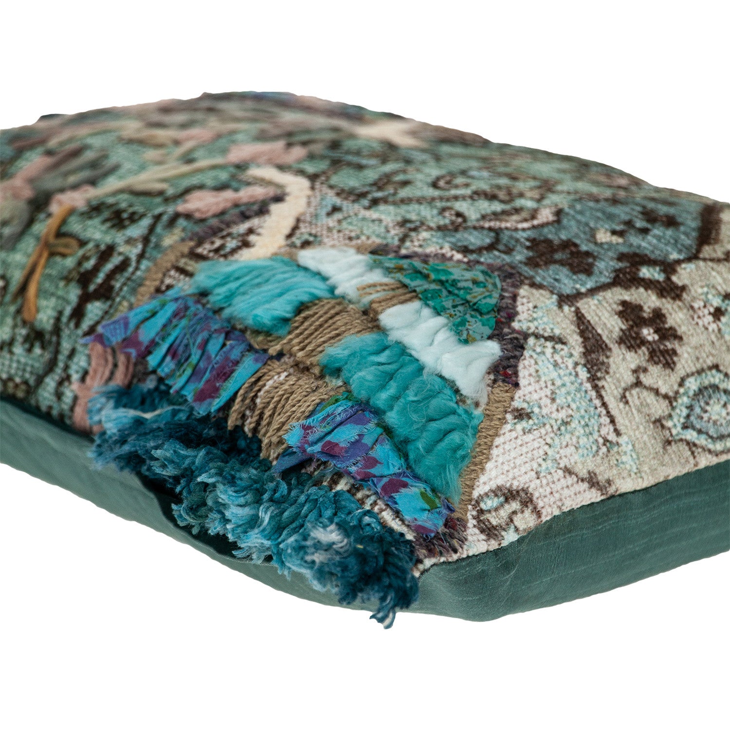 14" X 20" Beige And Green Zippered 100% Cotton Throw Pillow With Fringe