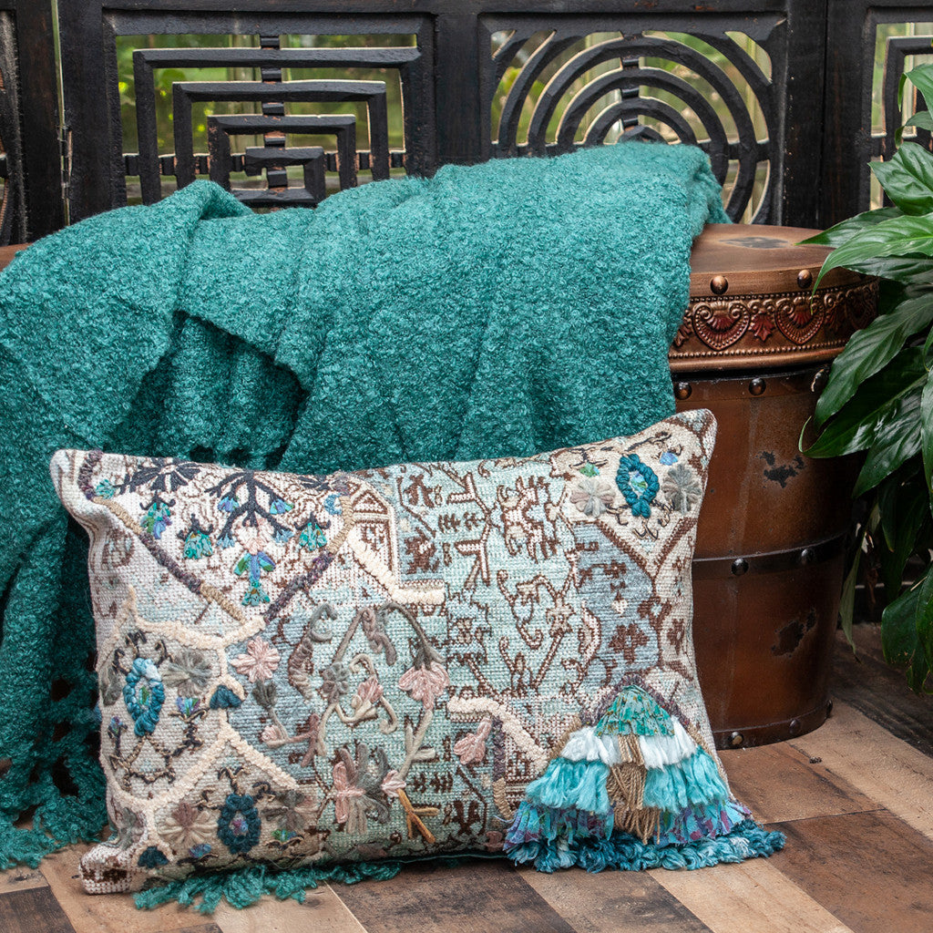 14" X 20" Beige And Green Zippered 100% Cotton Throw Pillow With Fringe