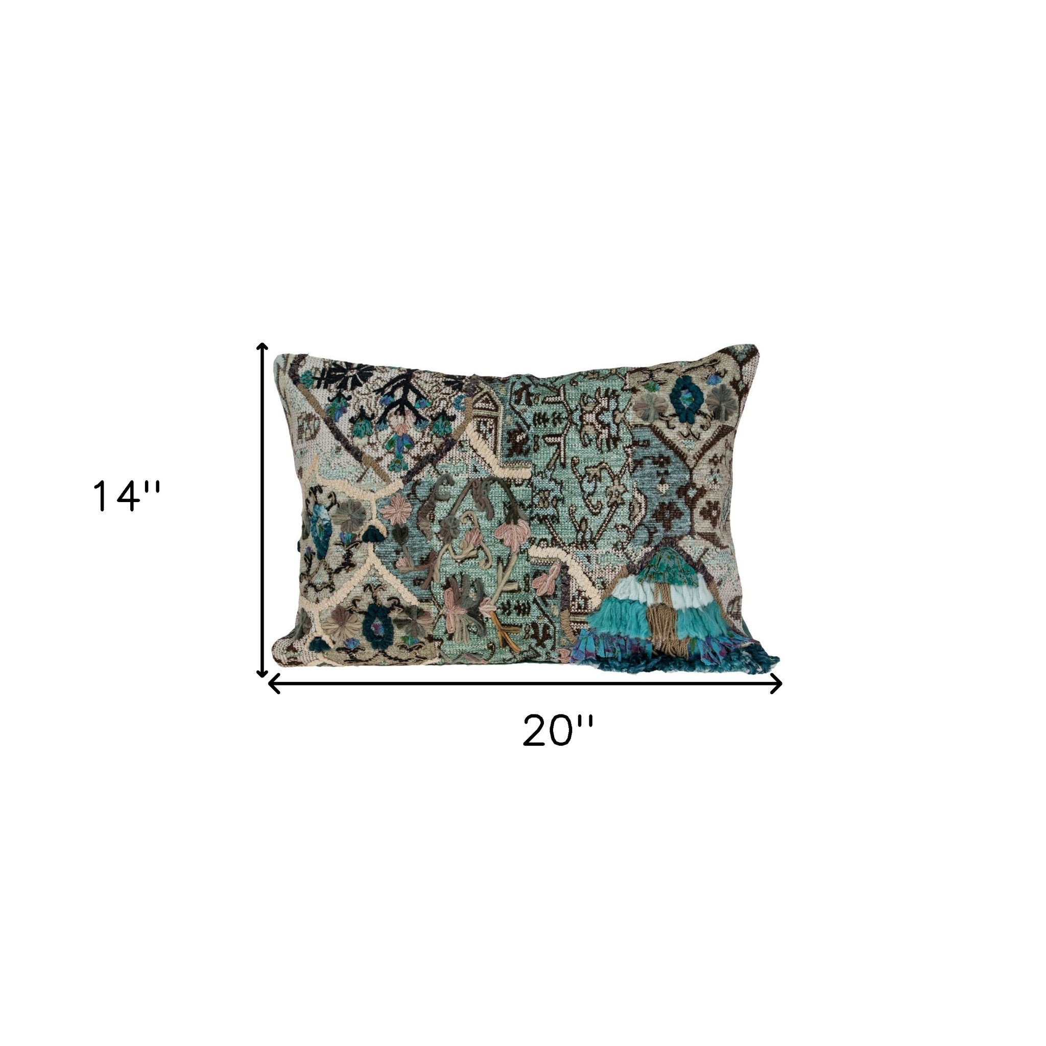 14" X 20" Beige And Green Zippered 100% Cotton Throw Pillow With Fringe