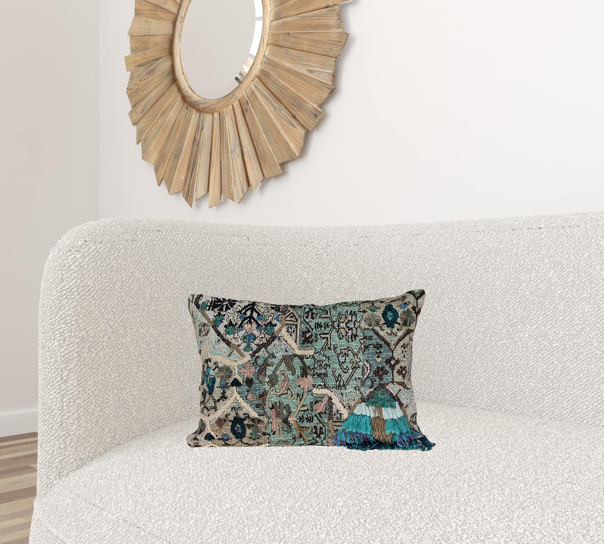 14" X 20" Beige And Green Zippered 100% Cotton Throw Pillow With Fringe