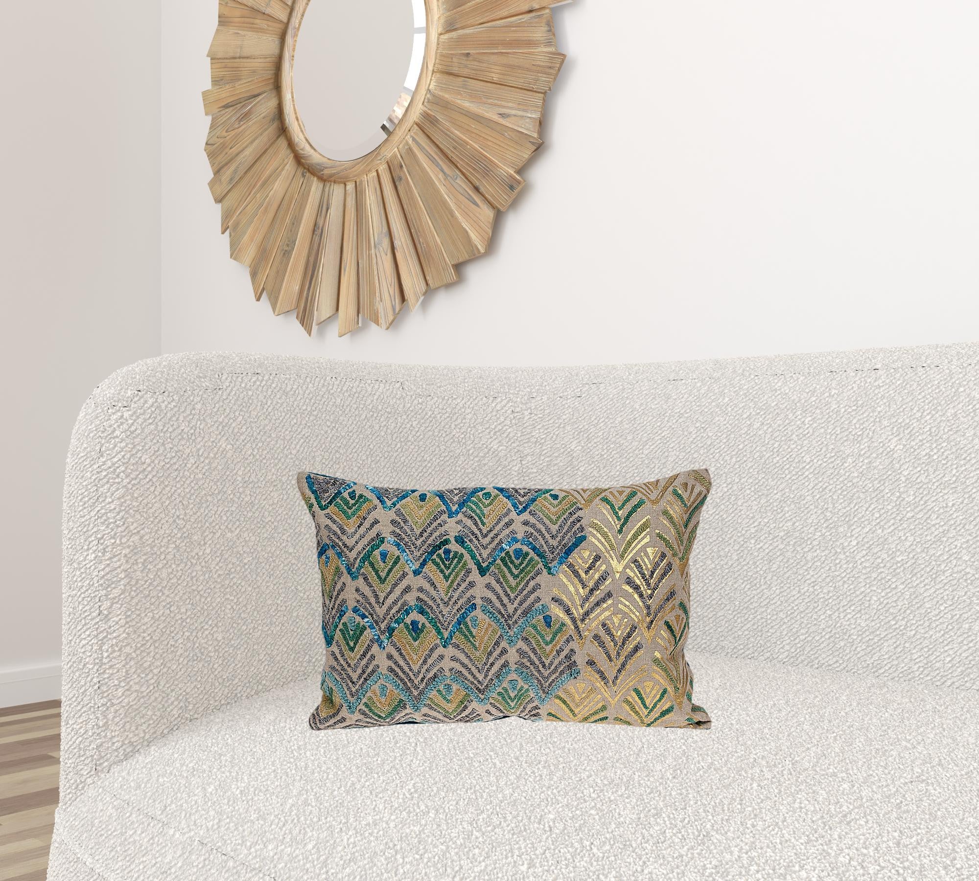 14" X 20" Beige And Green Zippered 100% Cotton Throw Pillow With Embroidery
