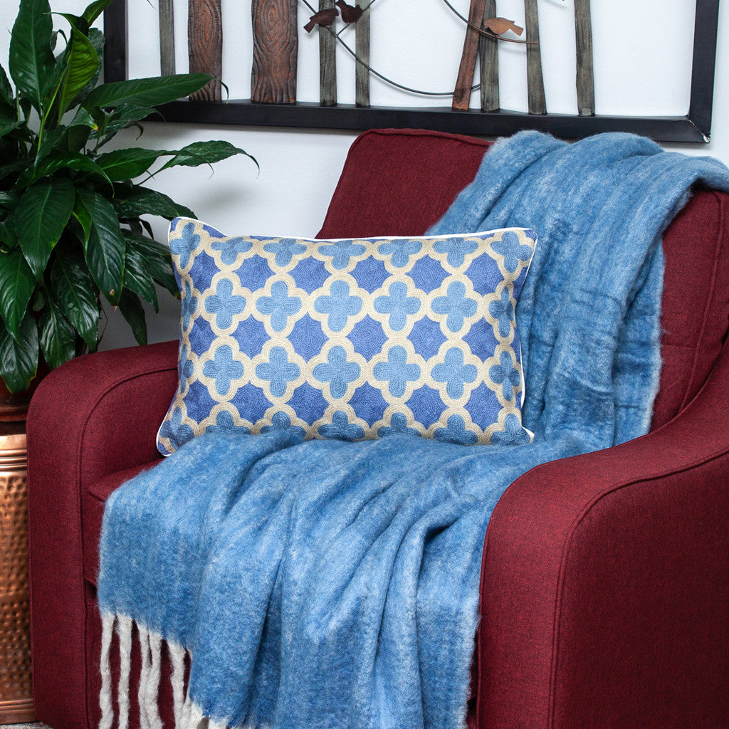 20" X 12" Blue Zippered 100% Cotton Throw Pillow