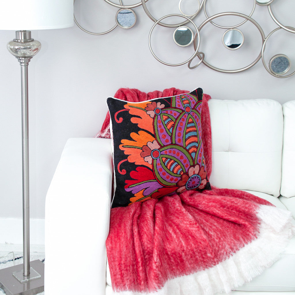 20" X 20" Black And Orange Zippered 100% Cotton Throw Pillow With Embroidery