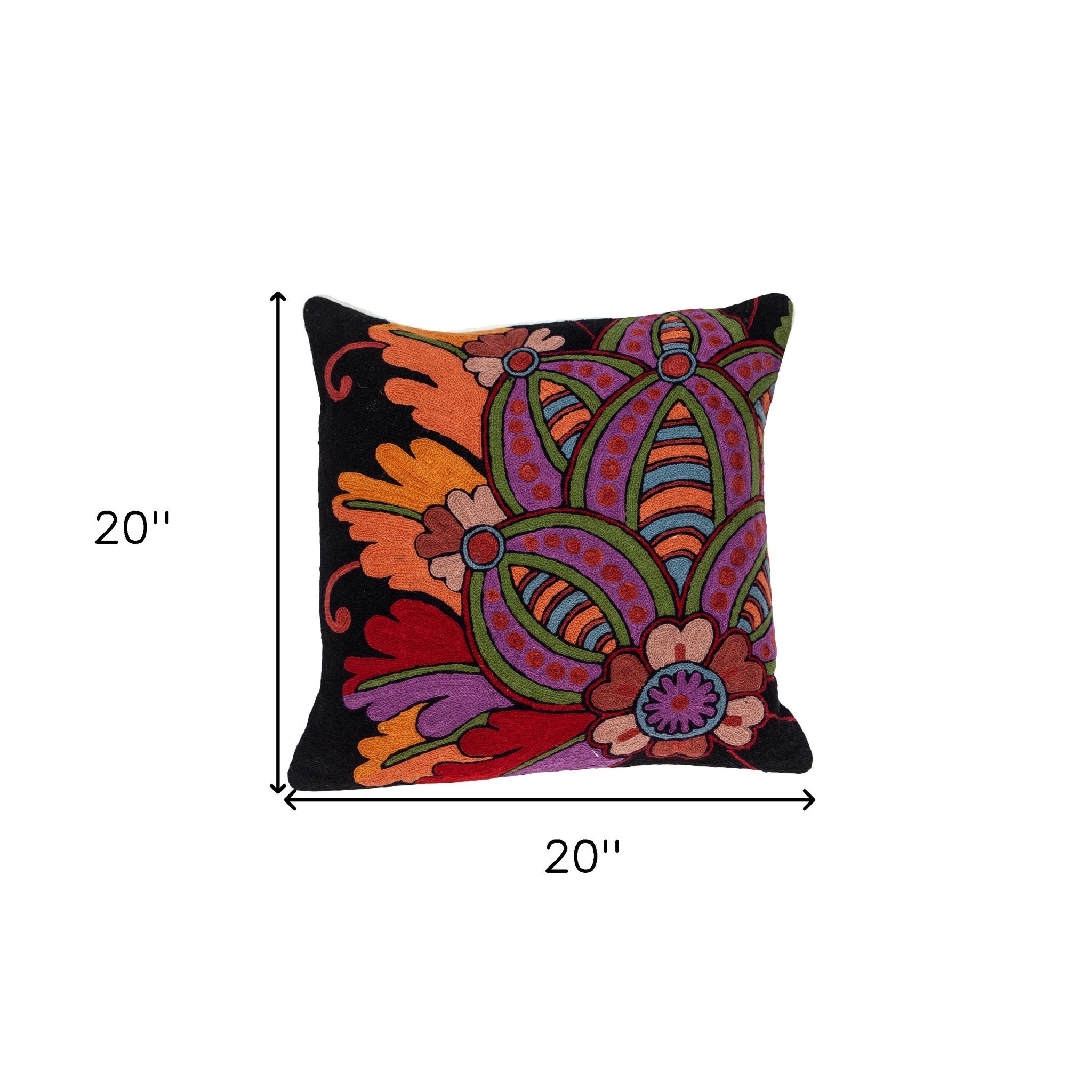 20" X 20" Black And Orange Zippered 100% Cotton Throw Pillow With Embroidery