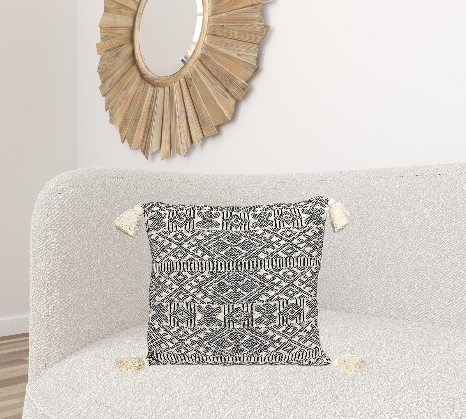 20" x 20" Black and Cream Bohemian Pattern Square Accent Throw Pillow with Tassel