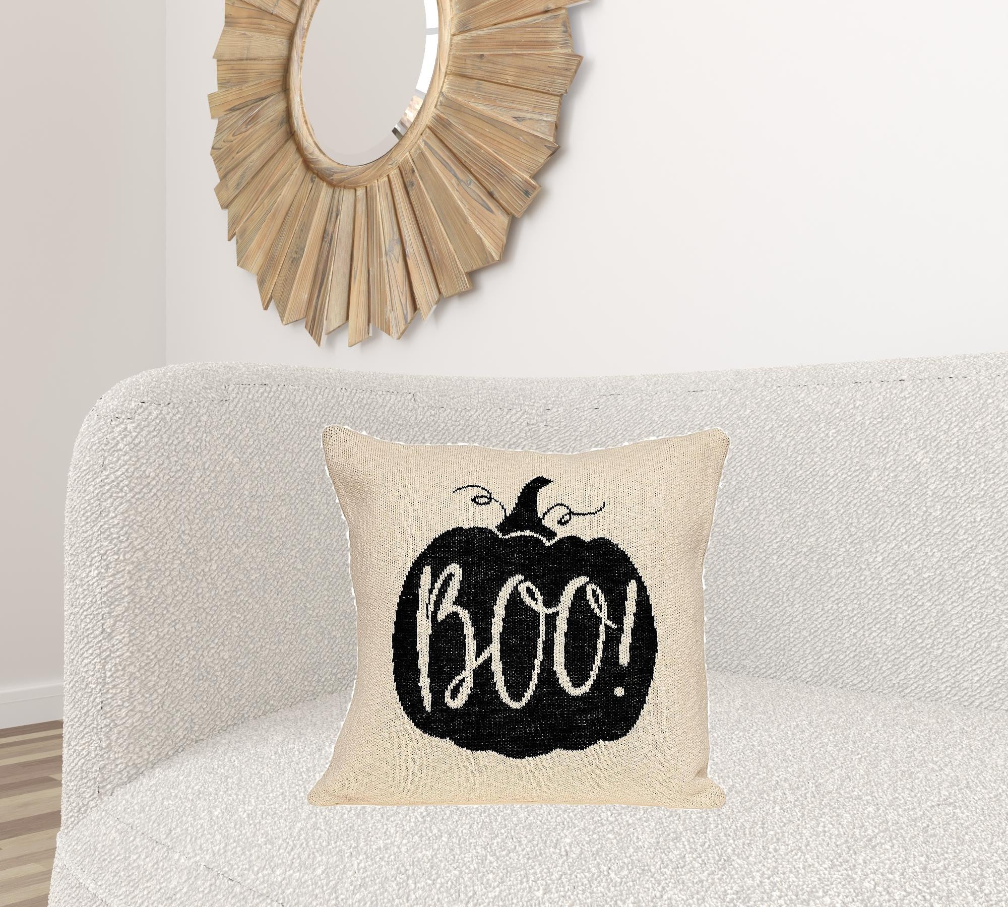 20" x 20" Cream Black Pumpkin Boo Square Accent Throw Pillow