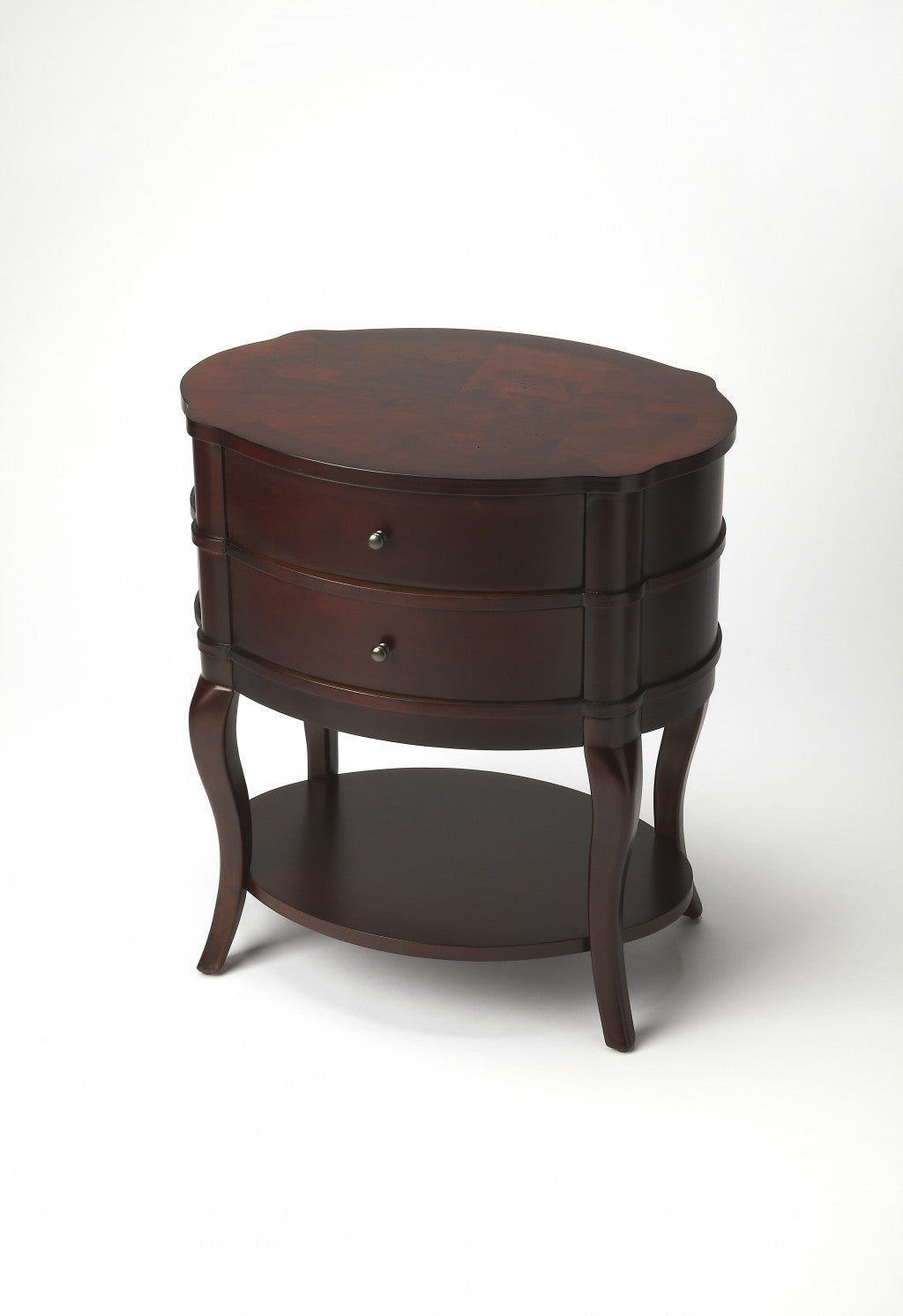 Dark Brown And Cherry Solid And’s Wood Oval End Table With Two Drawers And Shelf 26"