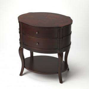 Dark Brown And Cherry Solid And’s Wood Oval End Table With Two Drawers And Shelf 26"