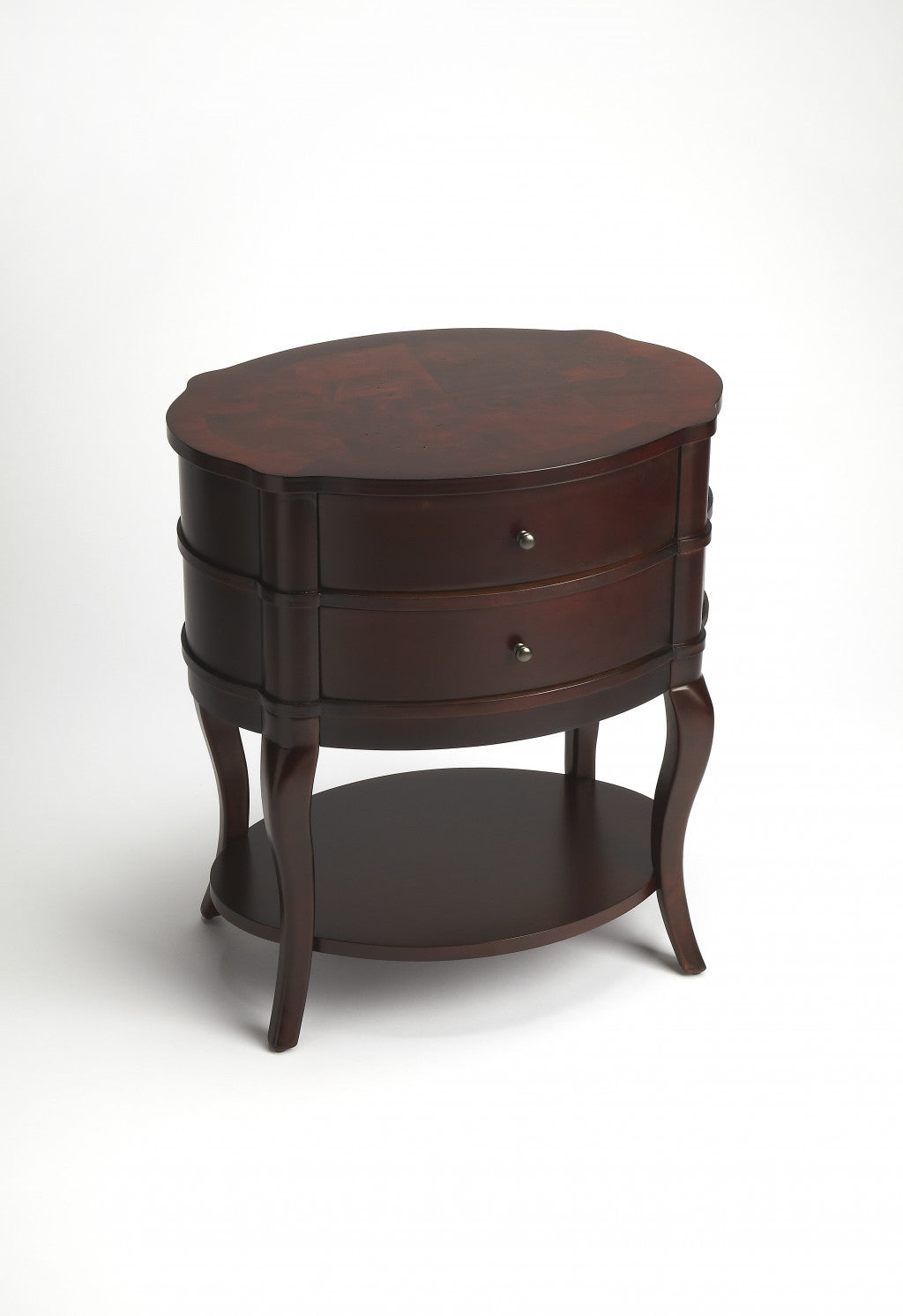 Dark Brown And Cherry Solid And’s Wood Oval End Table With Two Drawers And Shelf 26"