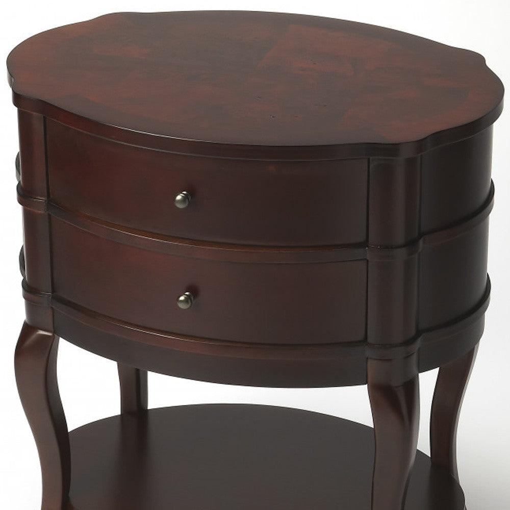 Dark Brown And Cherry Solid And’s Wood Oval End Table With Two Drawers And Shelf 26"